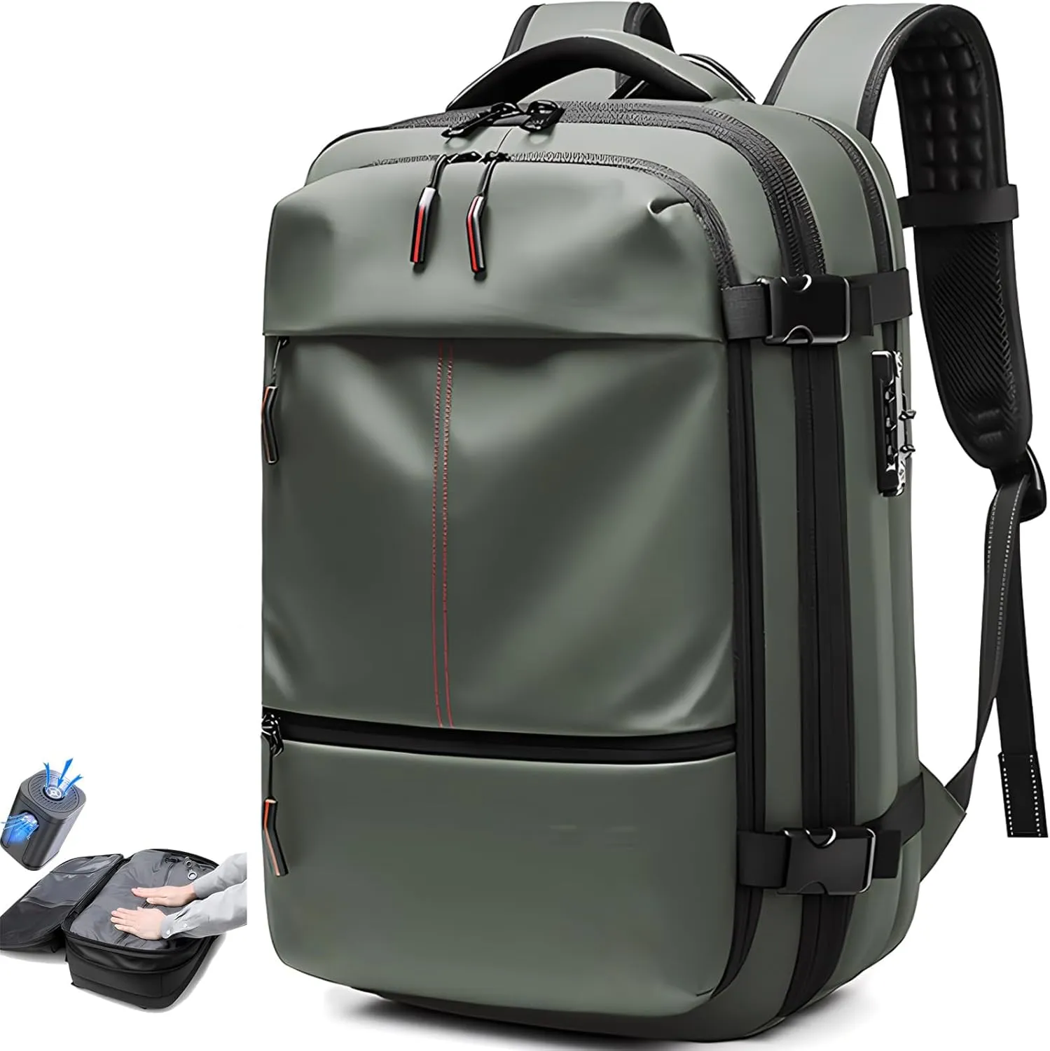 Alepeak Vacuum Backpack with Anti Theft Lock,Air Vacuum Backpack Travel,Transactione Backpack,60L Expandable Air Vacuum Backpack for Travel with Pump for Compression (Green,with Air Pump)