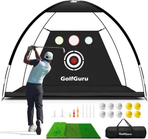 All in 1 Golf Practice Net - 10x7ft Tri-Turf Mat, Impact Target, 10 Balls, 7 Tees, Carry Bag for Backyard Driving Chipping Indoor