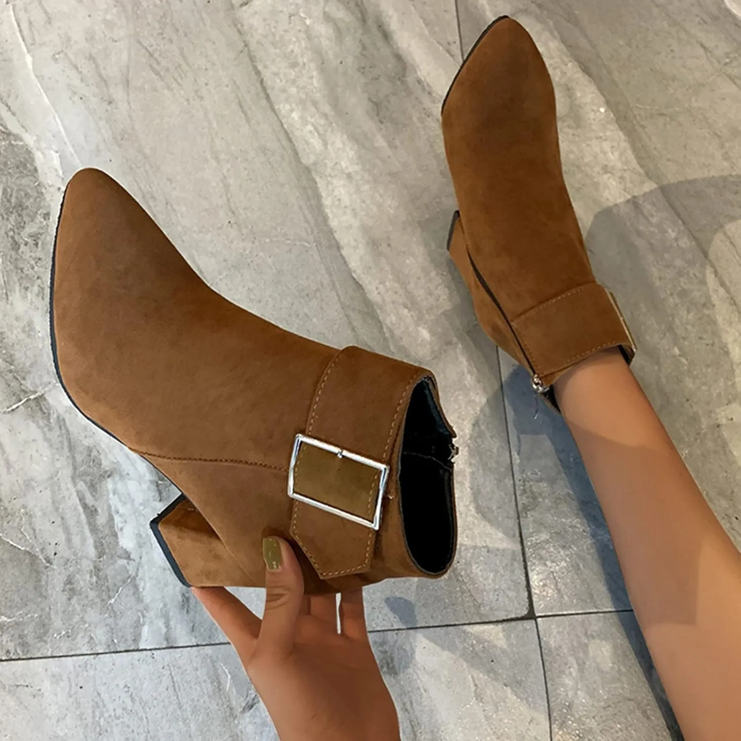 Ankle Boots for Women Comfy Leather Ankle Booties Fashion Stacked Chunky Heel Boots Side Zipper Round Toe Booties
