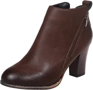 Ankle Boots for Women Comfy Leather Ankle Booties Fashion Stacked Chunky Heel Boots Side Zipper Round Toe Booties