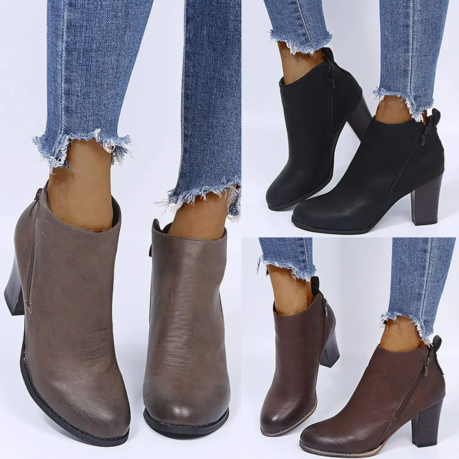 Ankle Boots for Women Comfy Leather Ankle Booties Fashion Stacked Chunky Heel Boots Side Zipper Round Toe Booties