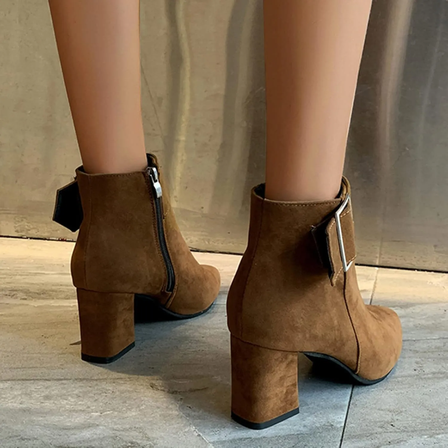 Ankle Boots for Women Comfy Leather Ankle Booties Fashion Stacked Chunky Heel Boots Side Zipper Round Toe Booties