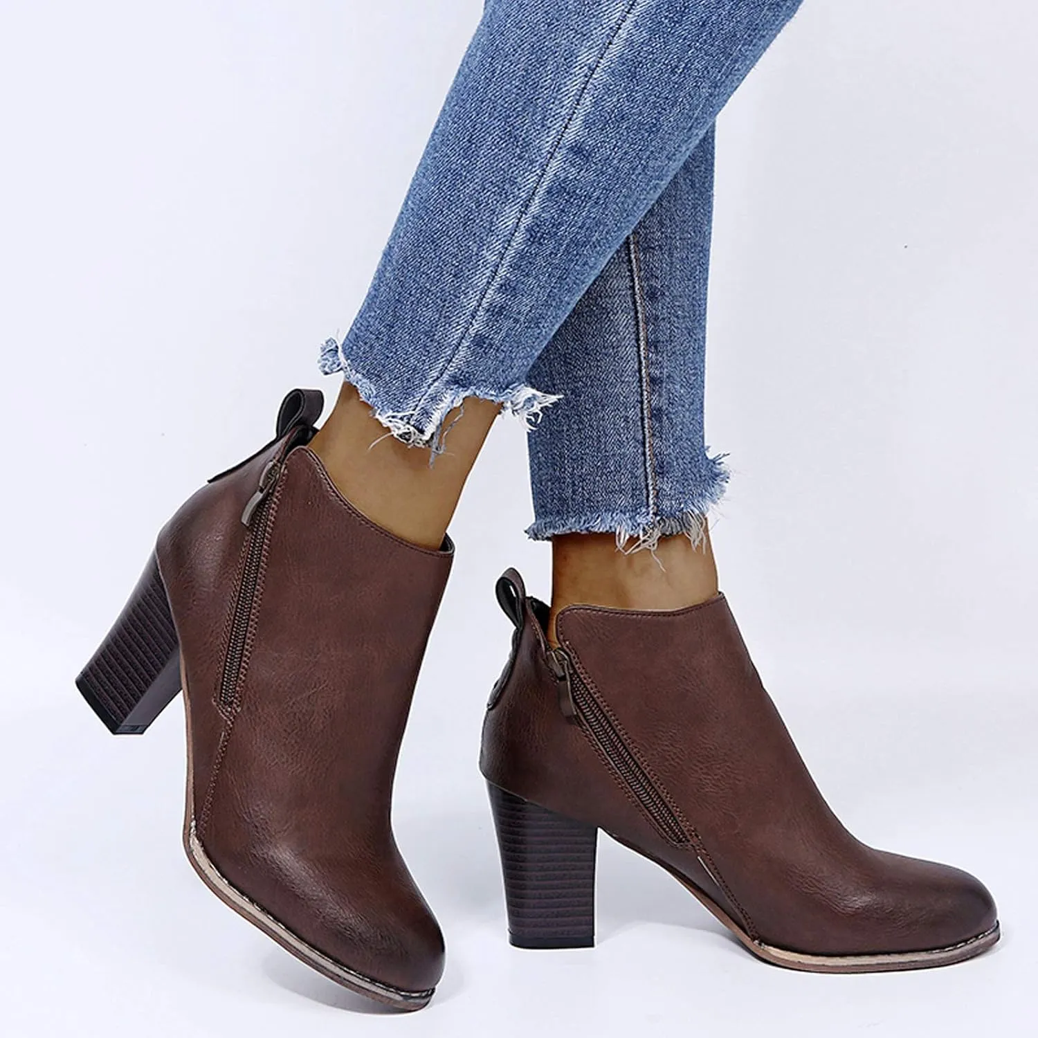 Ankle Boots for Women Comfy Leather Ankle Booties Fashion Stacked Chunky Heel Boots Side Zipper Round Toe Booties