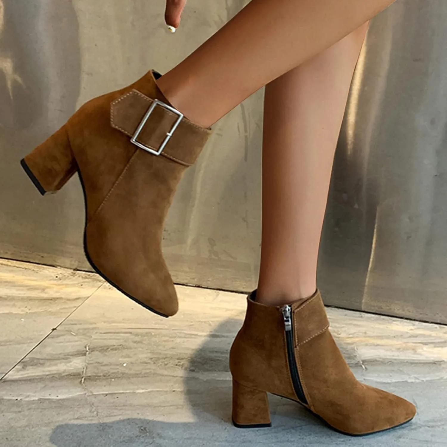 Ankle Boots for Women Comfy Leather Ankle Booties Fashion Stacked Chunky Heel Boots Side Zipper Round Toe Booties