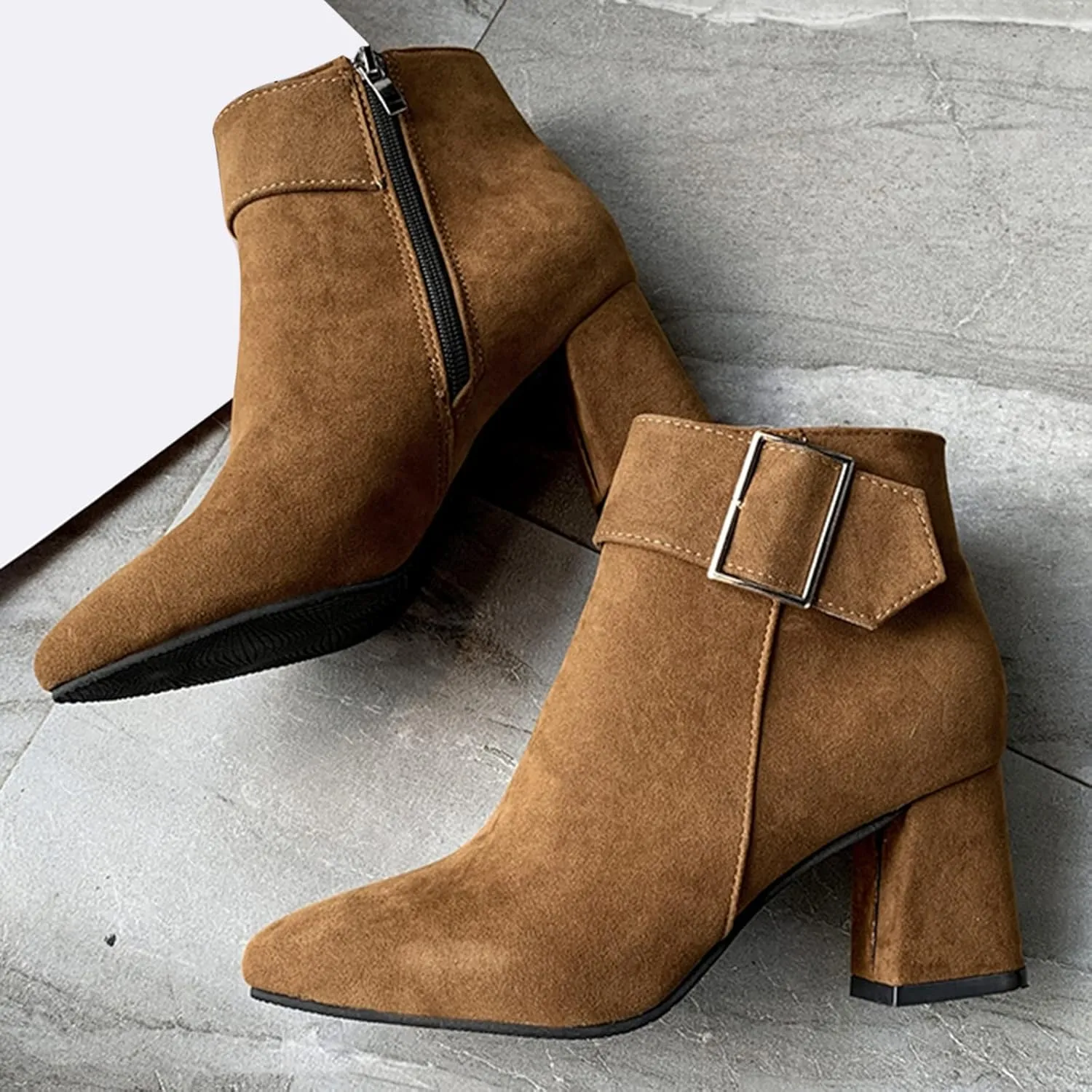 Ankle Boots for Women Comfy Leather Ankle Booties Fashion Stacked Chunky Heel Boots Side Zipper Round Toe Booties