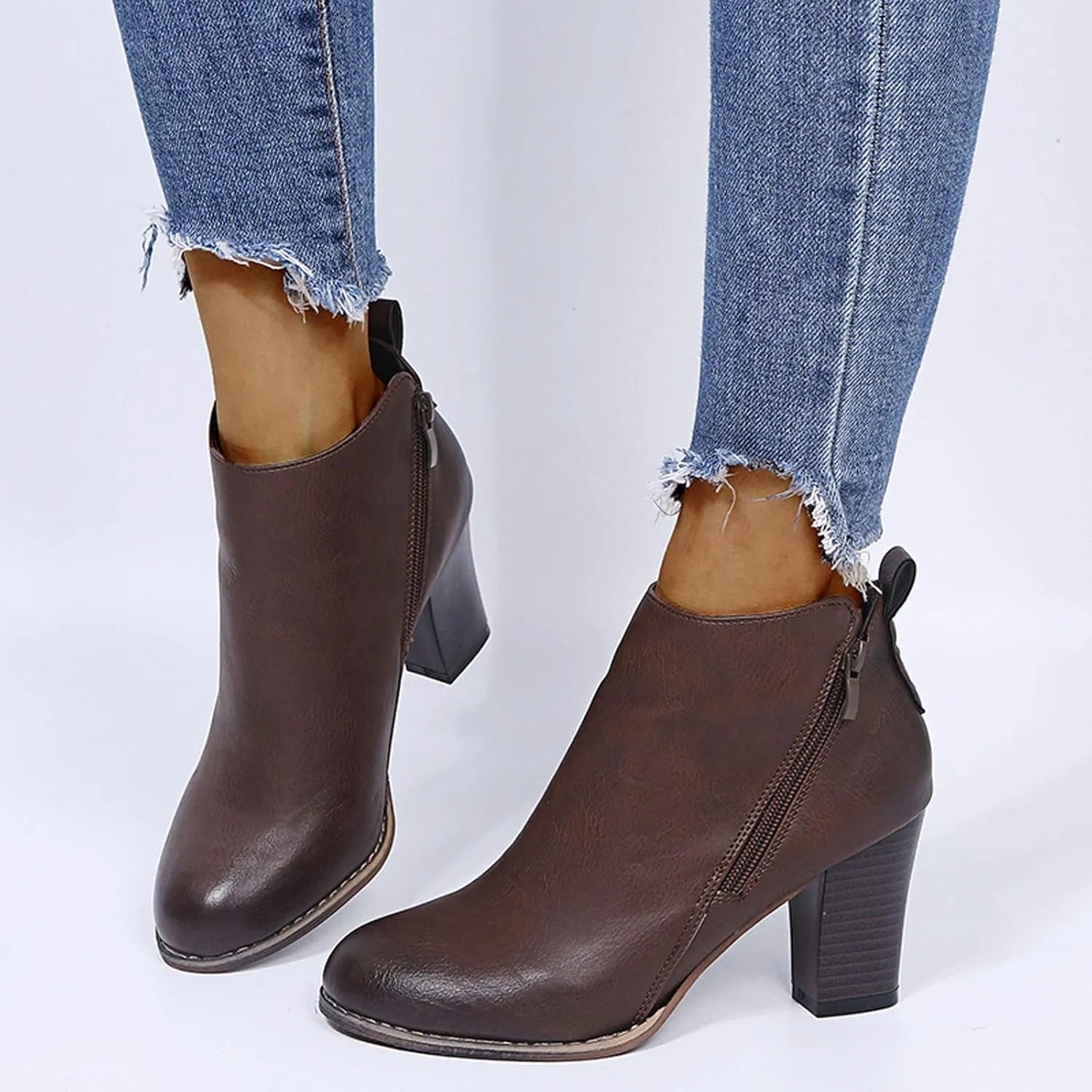 Ankle Boots for Women Comfy Leather Ankle Booties Fashion Stacked Chunky Heel Boots Side Zipper Round Toe Booties