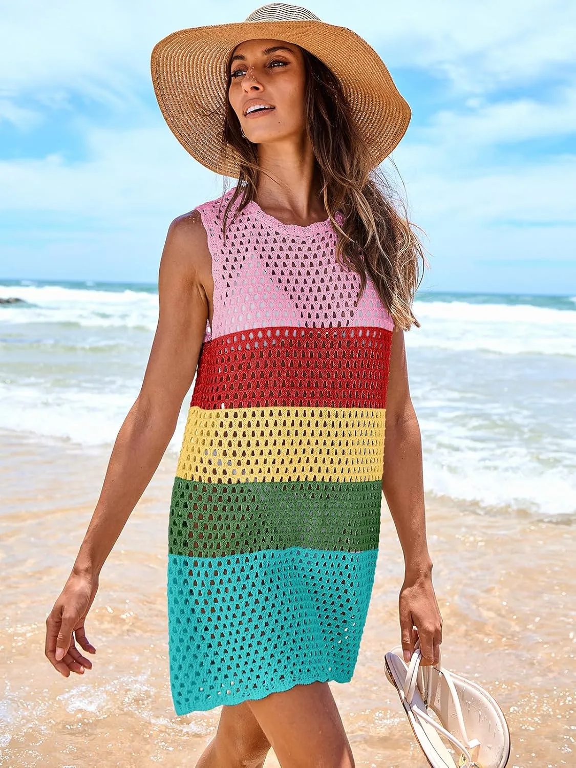 ANRABESS Womens Swimsuit Cover Up Sleeveless Knit 2025 Summer Outfits Swimwear Bathing Suit Coverup Crochet Beach Dress