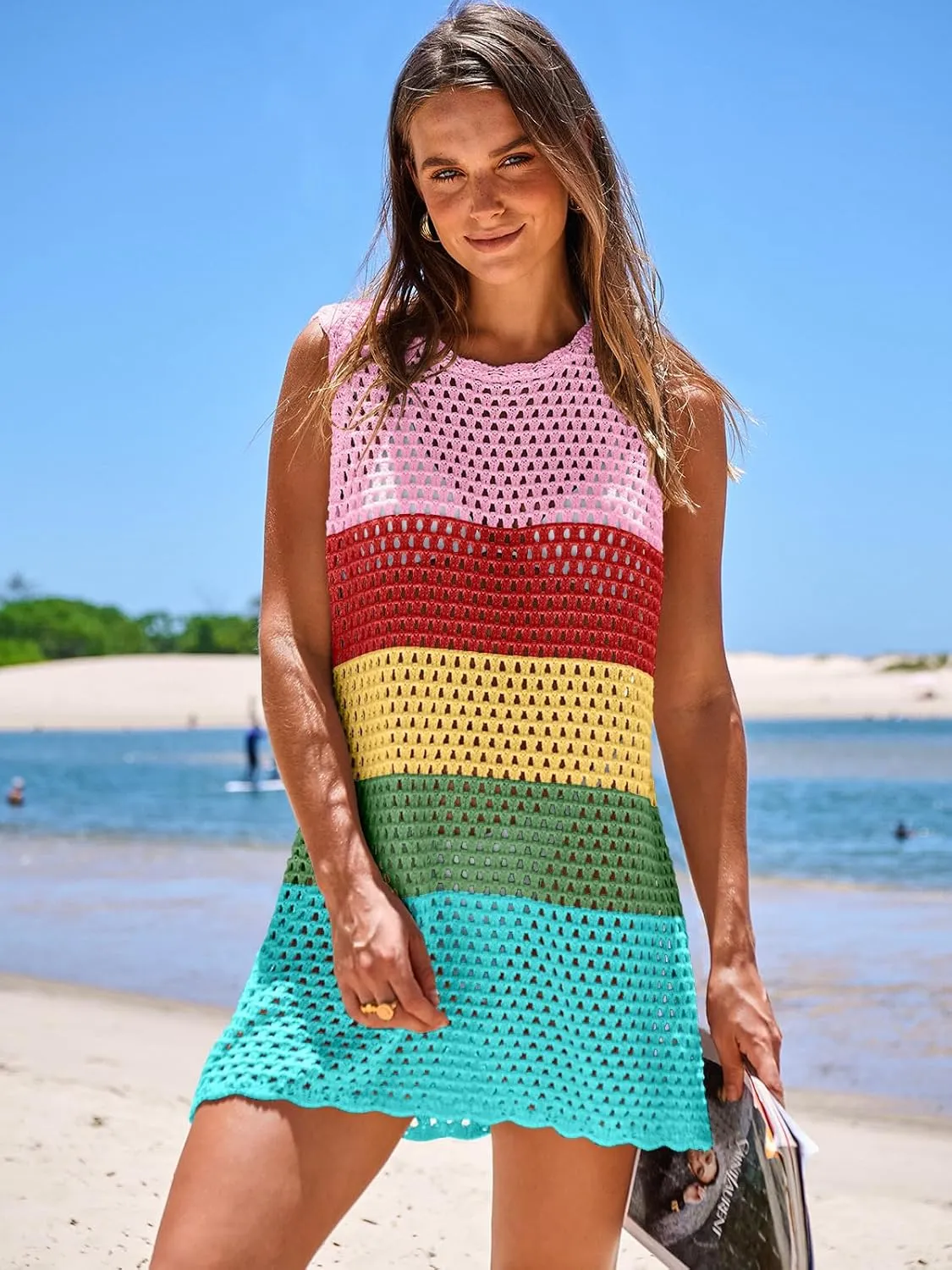 ANRABESS Womens Swimsuit Cover Up Sleeveless Knit 2025 Summer Outfits Swimwear Bathing Suit Coverup Crochet Beach Dress