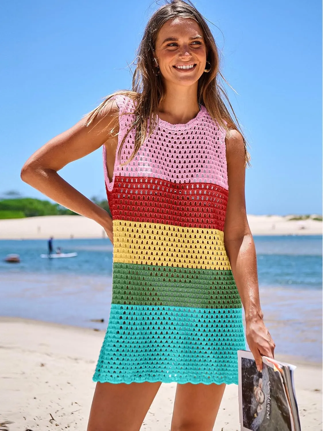 ANRABESS Womens Swimsuit Cover Up Sleeveless Knit 2025 Summer Outfits Swimwear Bathing Suit Coverup Crochet Beach Dress