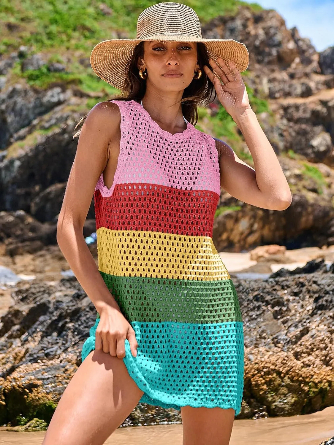 ANRABESS Womens Swimsuit Cover Up Sleeveless Knit 2025 Summer Outfits Swimwear Bathing Suit Coverup Crochet Beach Dress