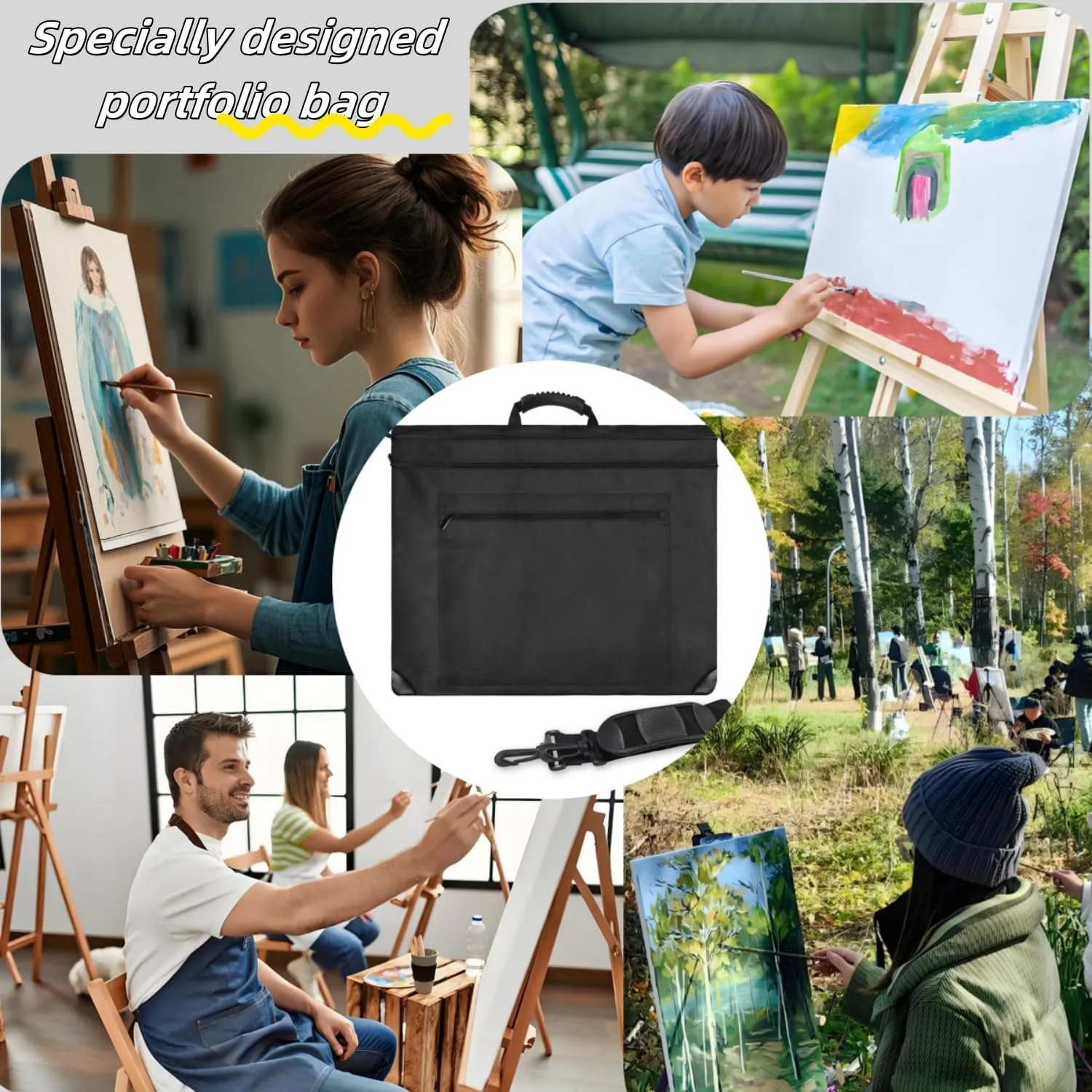 Aphse 19 * 23 Art Portfolio Bag, Arts Portfolio Case with Nylon Shoulder, Light Weight Waterproof Poster Board Storage Bag, Art Tote Bags for Artwork(Black)