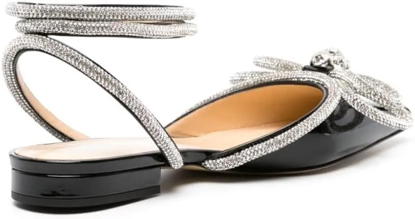 Arqa Double Bow Crystal Embellished Flats Women's Rhinestone Ankle Straps Ballet Flat Pointed Toe Bows Ballerina Shoes