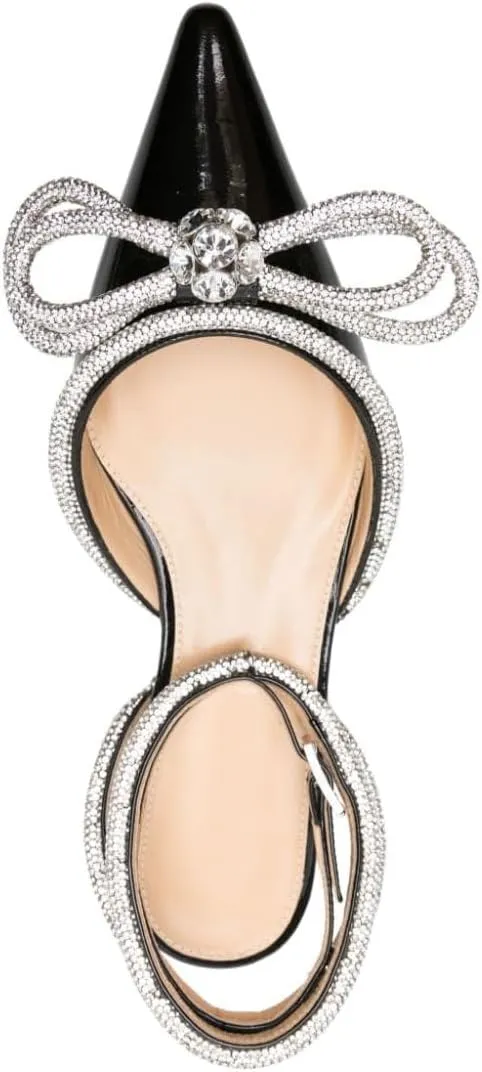 Arqa Double Bow Crystal Embellished Flats Women's Rhinestone Ankle Straps Ballet Flat Pointed Toe Bows Ballerina Shoes