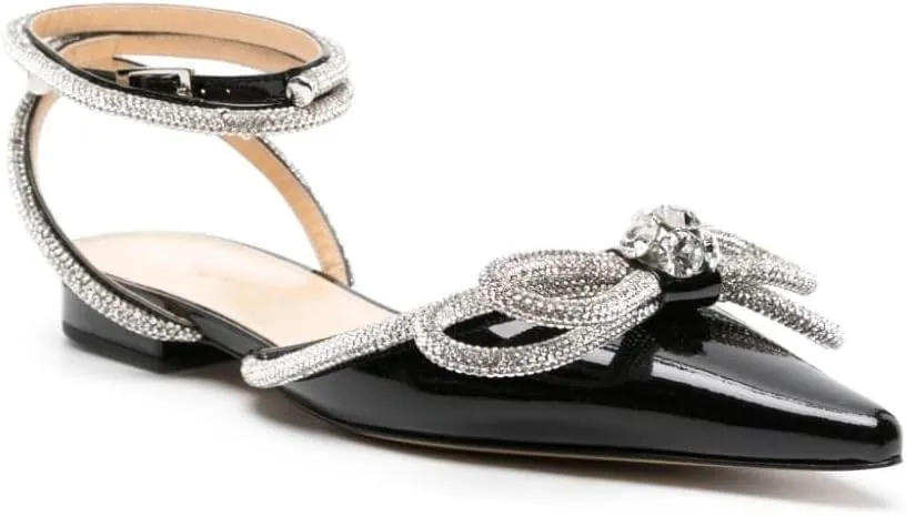 Arqa Double Bow Crystal Embellished Flats Women's Rhinestone Ankle Straps Ballet Flat Pointed Toe Bows Ballerina Shoes