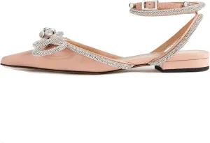 Arqa Double Bow Crystal Embellished Flats Women's Rhinestone Ankle Straps Ballet Flat Pointed Toe Bows Ballerina Shoes
