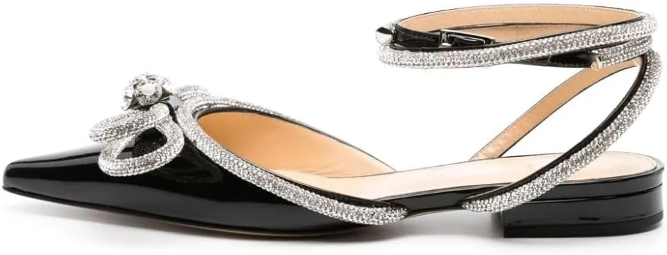 Arqa Double Bow Crystal Embellished Flats Women's Rhinestone Ankle Straps Ballet Flat Pointed Toe Bows Ballerina Shoes
