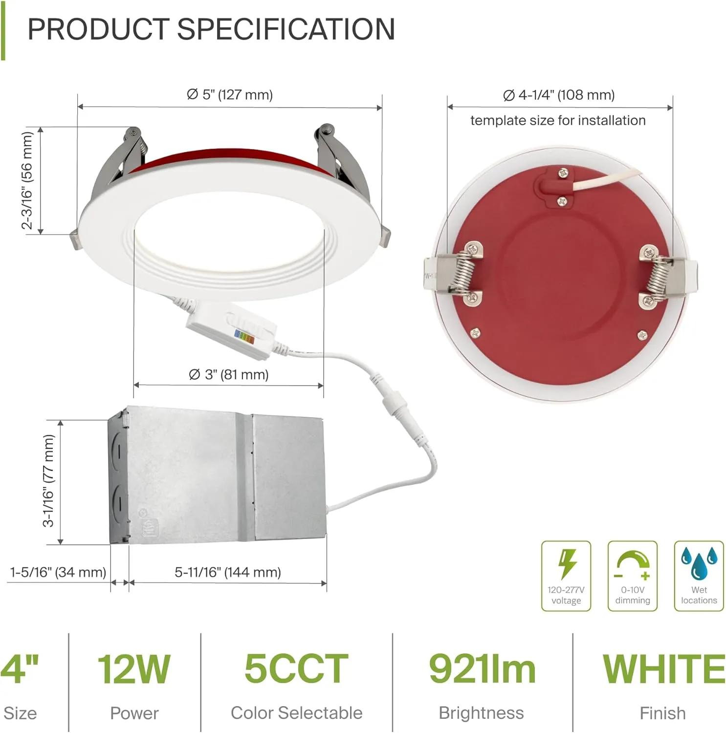 ASD Fire Rated Recessed Light 4 Inch, 12W 120-277V, Round Mini Panel Baffle Trim, 5 CCT 2700K/3000K/3500K/4000K/5000K, Dimmable Canless Commercial LED Downlight, Wet and IC Rated, Air Tight, ETL