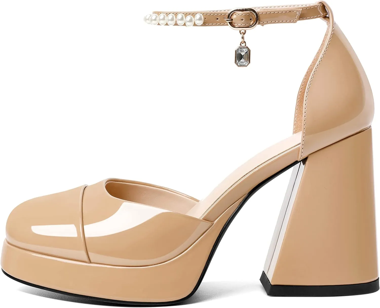 AUMOTED Women Chunky High Heels Platform Block Heels Closed Round Toe Pumps with Pearl Ankle Strap Patent Fashion Ladies Pumps Sandals 4 Inch