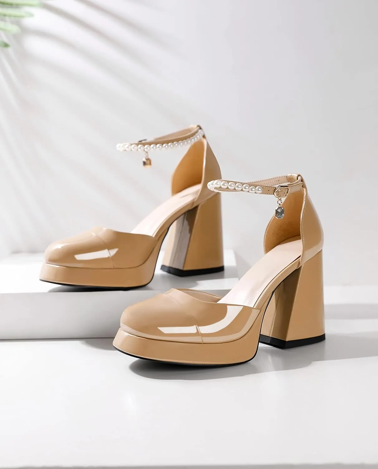 AUMOTED Women Chunky High Heels Platform Block Heels Closed Round Toe Pumps with Pearl Ankle Strap Patent Fashion Ladies Pumps Sandals 4 Inch