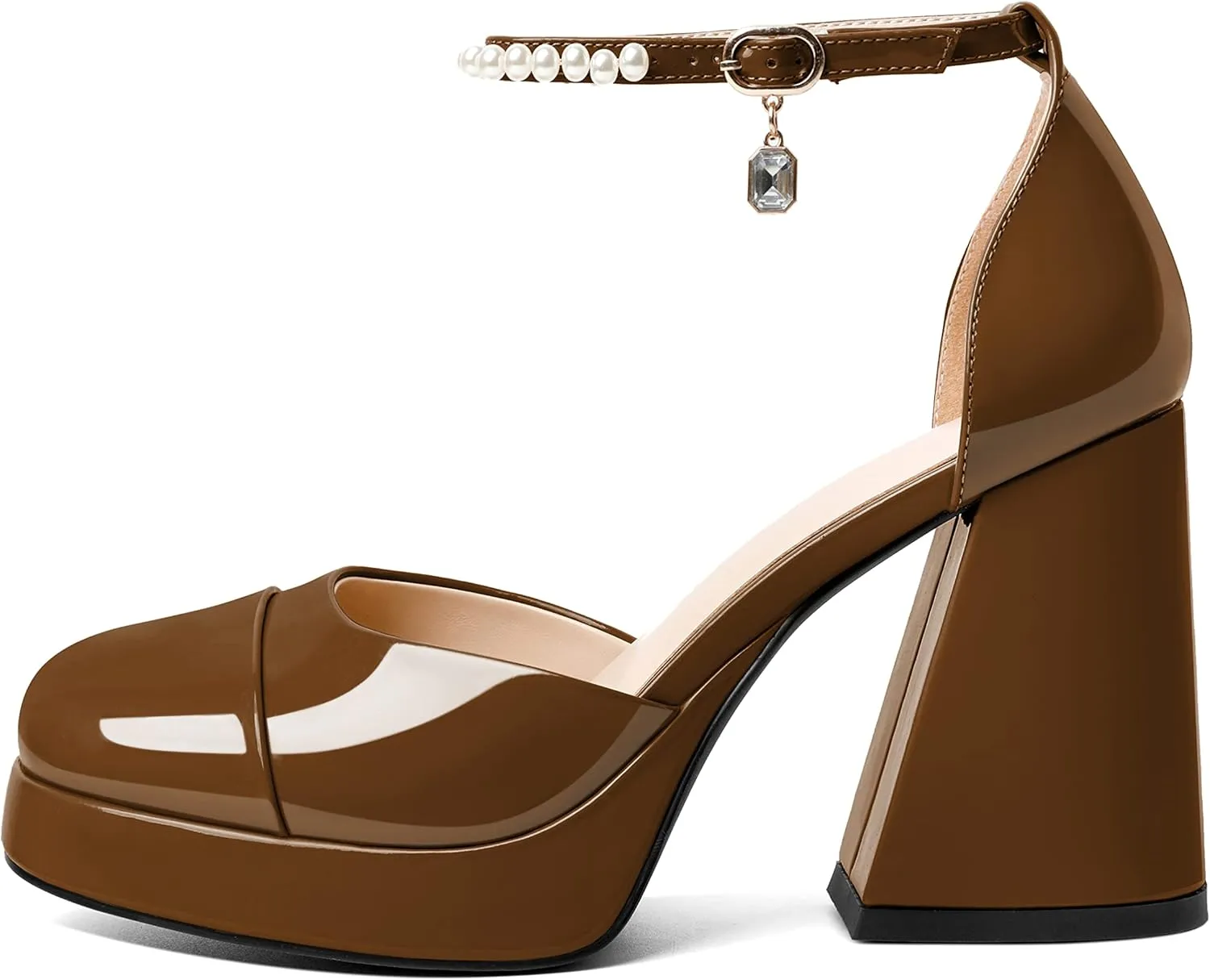 AUMOTED Women Chunky High Heels Platform Block Heels Closed Round Toe Pumps with Pearl Ankle Strap Patent Fashion Ladies Pumps Sandals 4 Inch