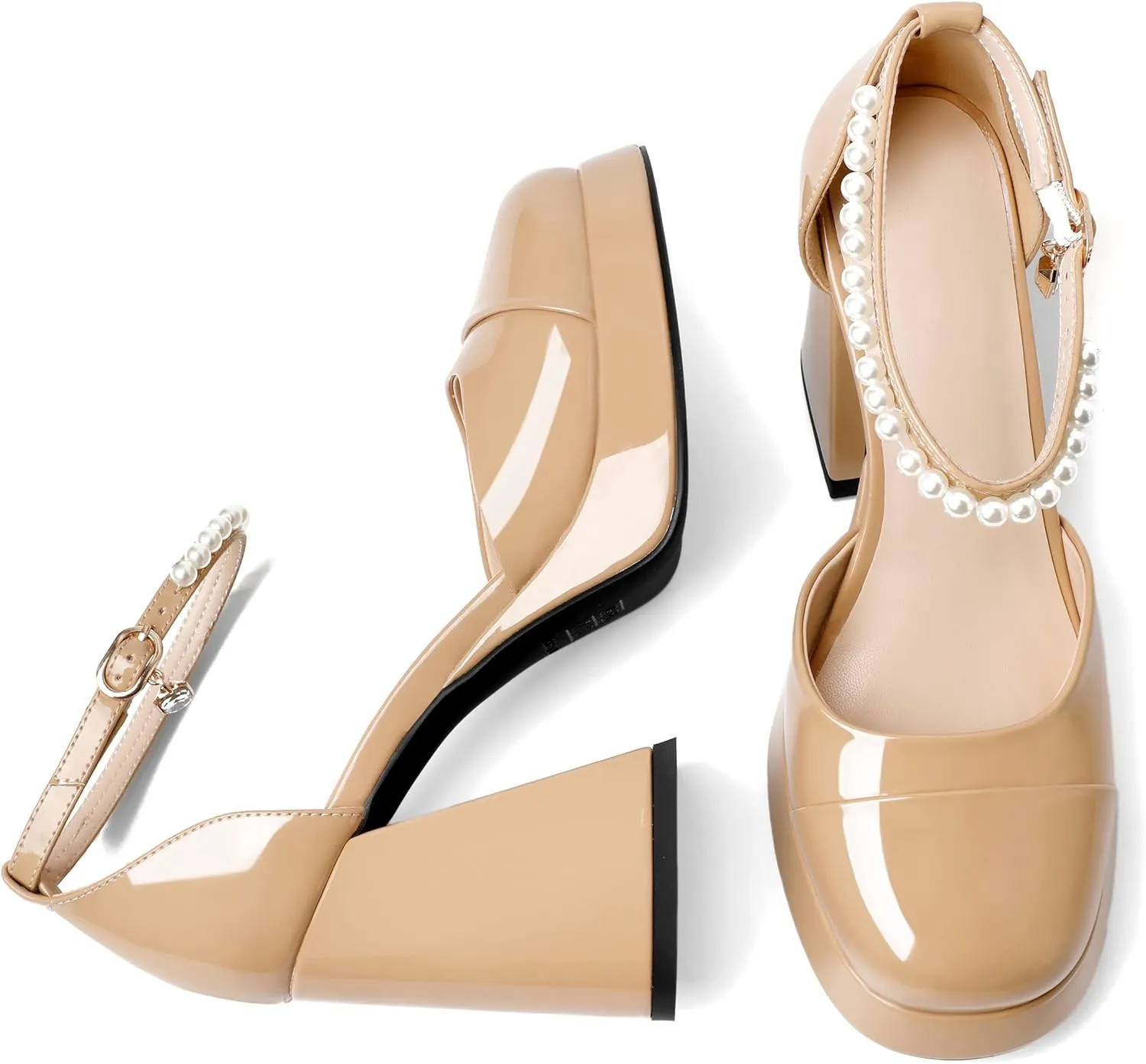 AUMOTED Women Chunky High Heels Platform Block Heels Closed Round Toe Pumps with Pearl Ankle Strap Patent Fashion Ladies Pumps Sandals 4 Inch