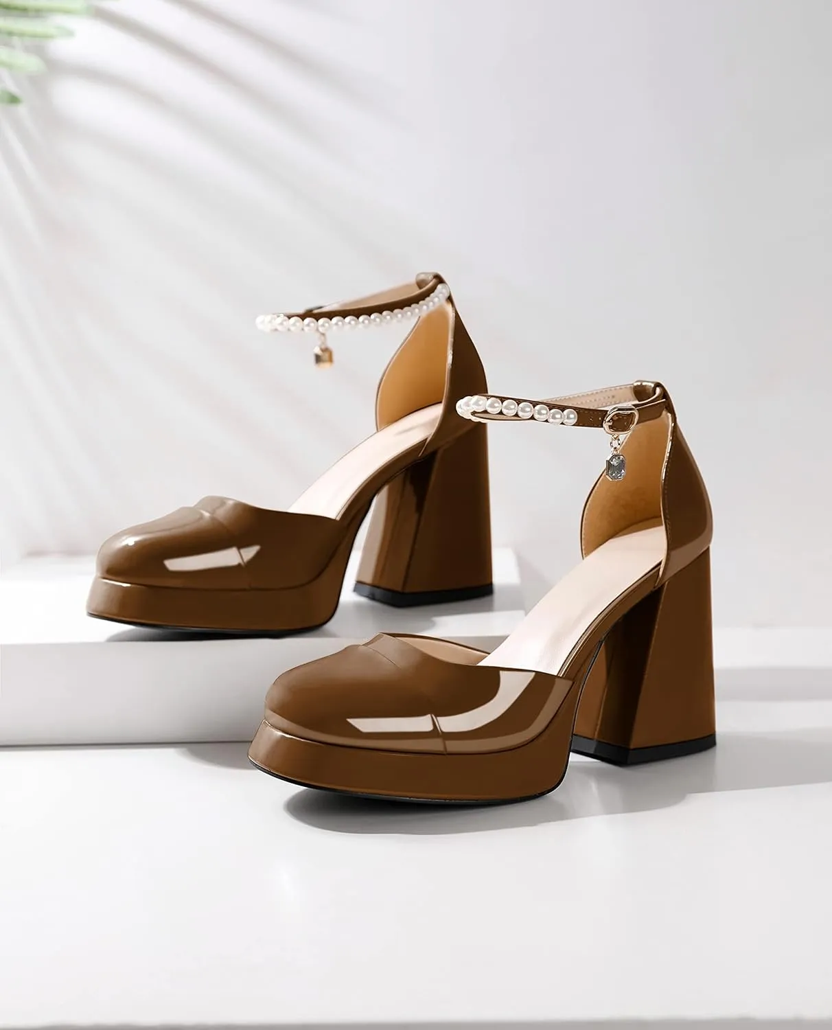 AUMOTED Women Chunky High Heels Platform Block Heels Closed Round Toe Pumps with Pearl Ankle Strap Patent Fashion Ladies Pumps Sandals 4 Inch