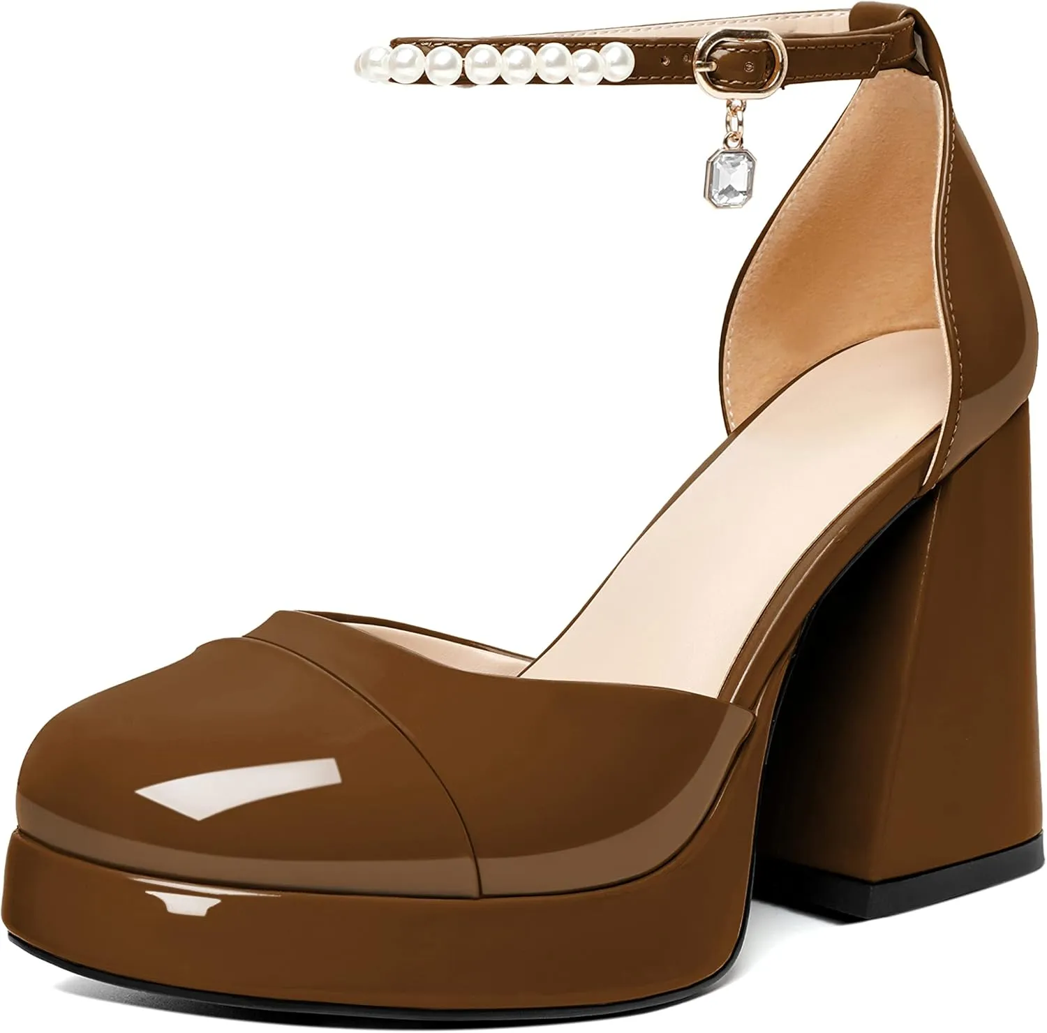 AUMOTED Women Chunky High Heels Platform Block Heels Closed Round Toe Pumps with Pearl Ankle Strap Patent Fashion Ladies Pumps Sandals 4 Inch