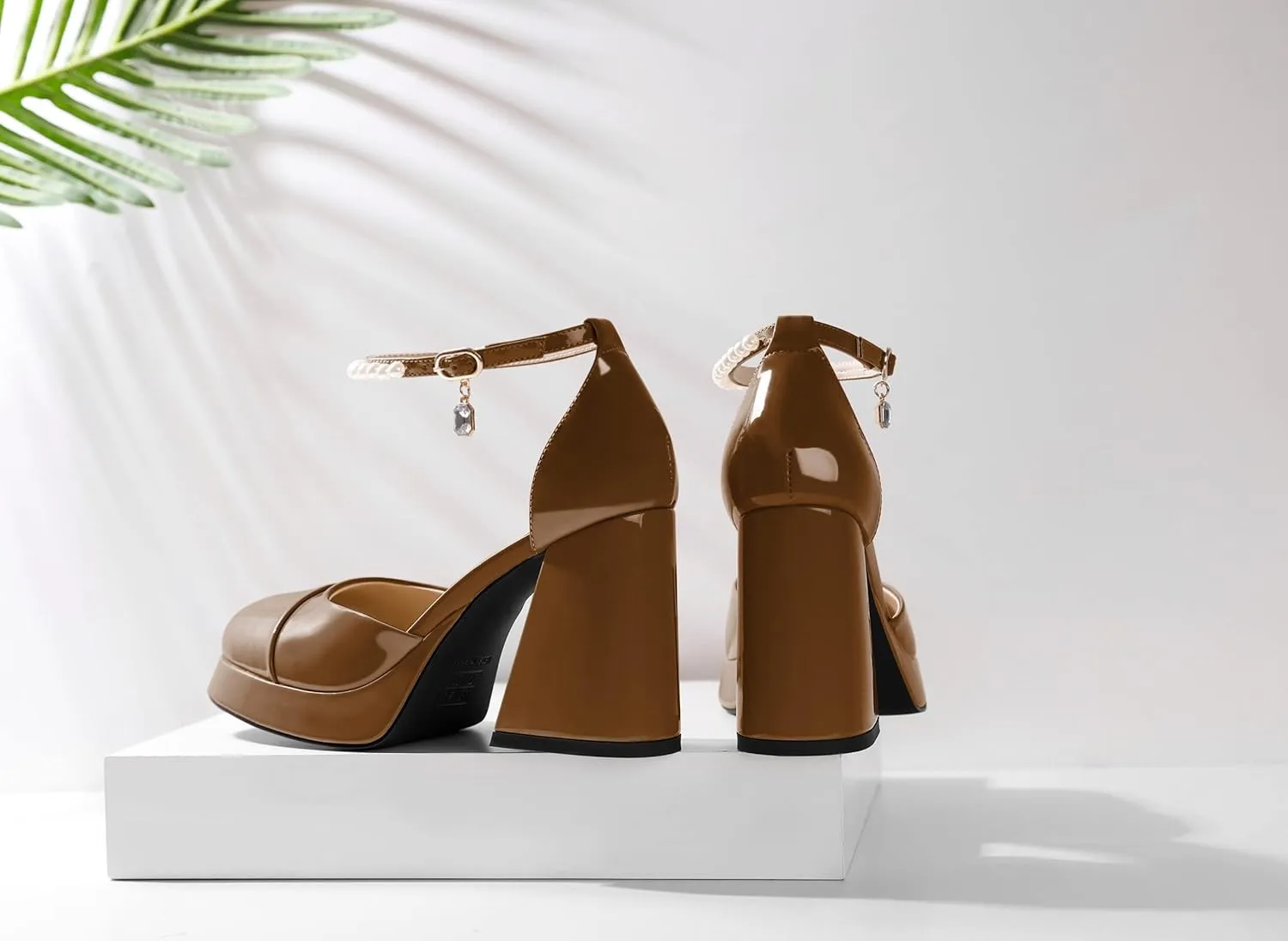 AUMOTED Women Chunky High Heels Platform Block Heels Closed Round Toe Pumps with Pearl Ankle Strap Patent Fashion Ladies Pumps Sandals 4 Inch
