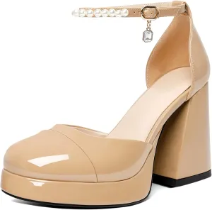 AUMOTED Women Chunky High Heels Platform Block Heels Closed Round Toe Pumps with Pearl Ankle Strap Patent Fashion Ladies Pumps Sandals 4 Inch