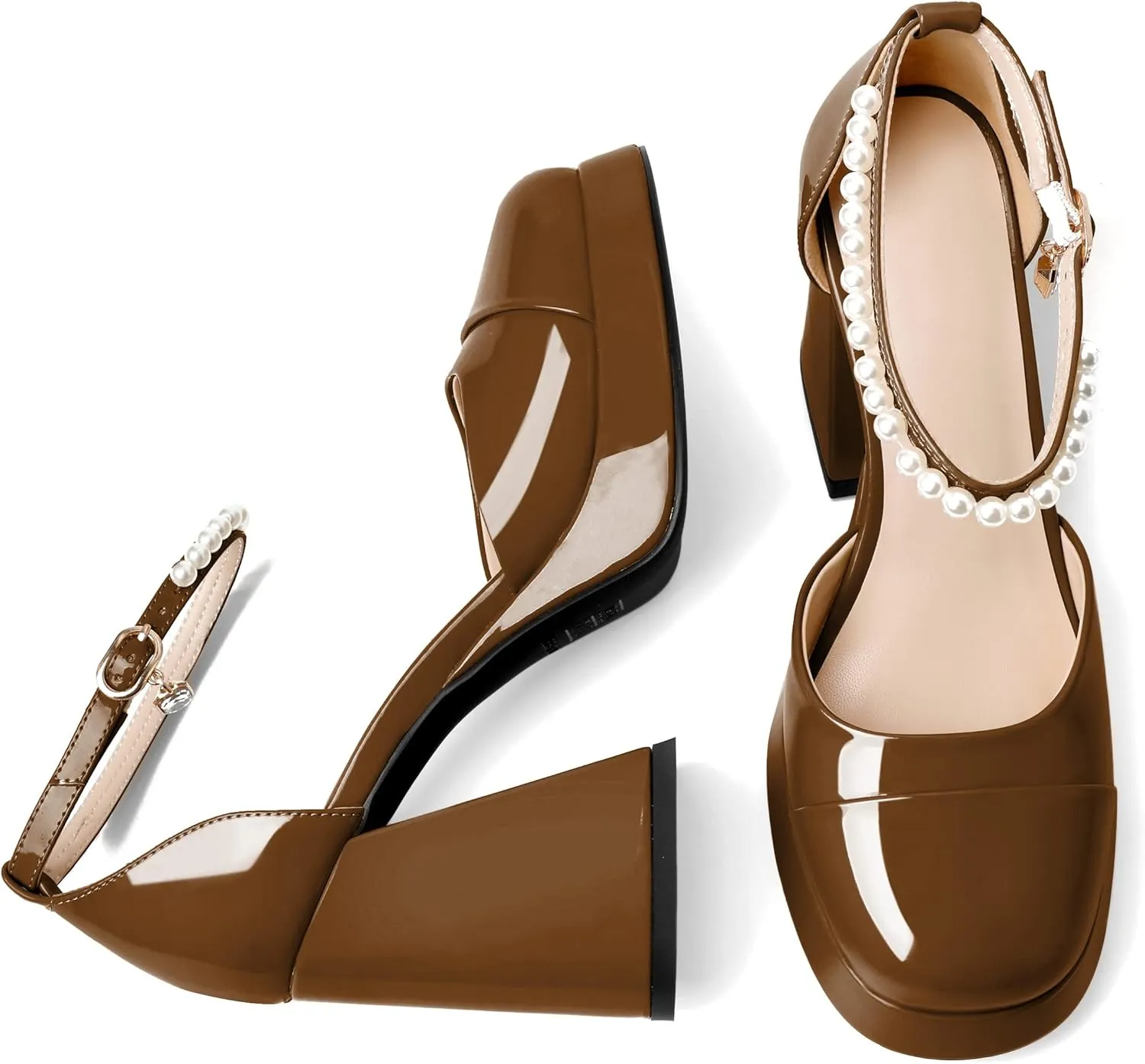 AUMOTED Women Chunky High Heels Platform Block Heels Closed Round Toe Pumps with Pearl Ankle Strap Patent Fashion Ladies Pumps Sandals 4 Inch