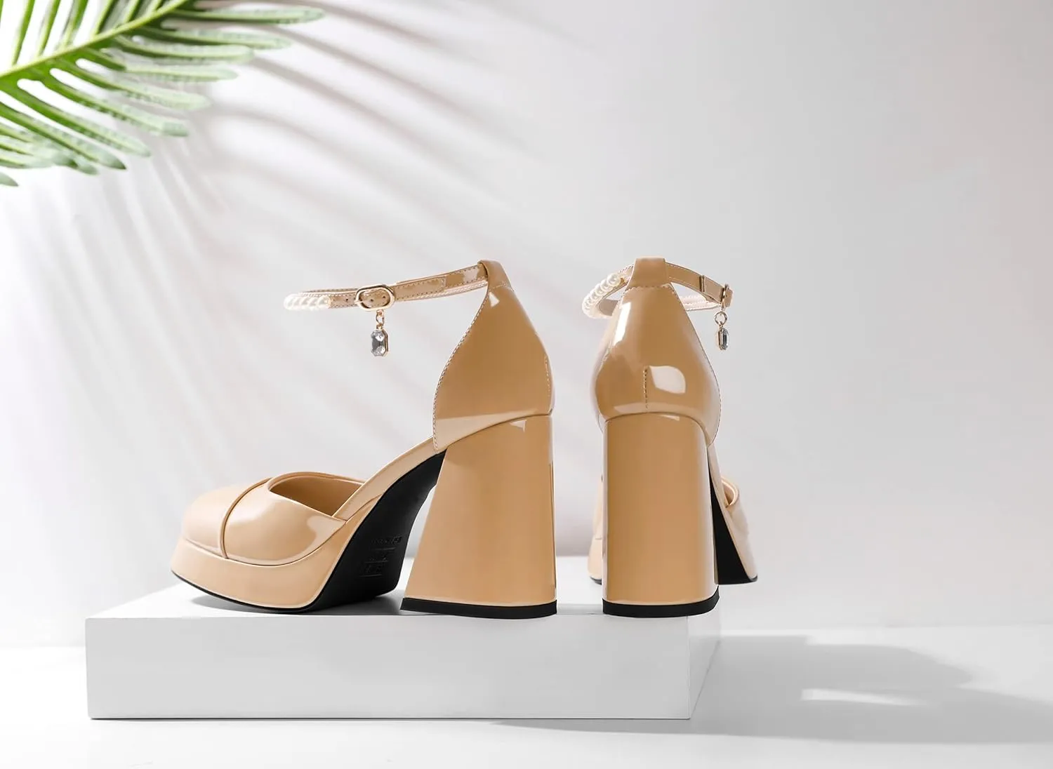 AUMOTED Women Chunky High Heels Platform Block Heels Closed Round Toe Pumps with Pearl Ankle Strap Patent Fashion Ladies Pumps Sandals 4 Inch