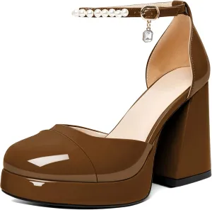 AUMOTED Women Chunky High Heels Platform Block Heels Closed Round Toe Pumps with Pearl Ankle Strap Patent Fashion Ladies Pumps Sandals 4 Inch