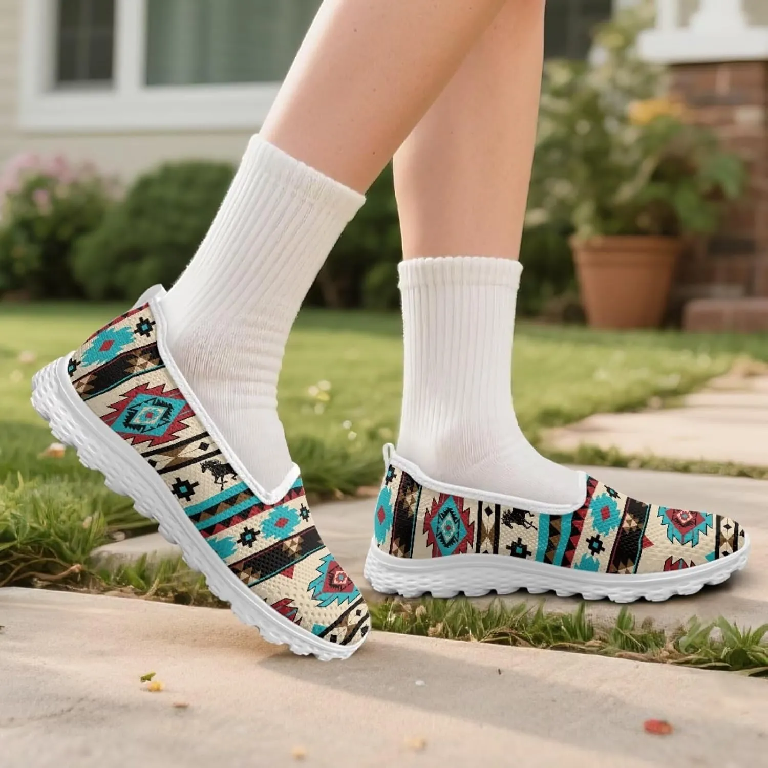 Aztec Tribal Print Women Slip on Walking Shoes Mesh Ballet Flats Sneaker Comfort Casual Loafers with Anti-Slip Sole
