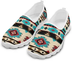 Aztec Tribal Print Women Slip on Walking Shoes Mesh Ballet Flats Sneaker Comfort Casual Loafers with Anti-Slip Sole