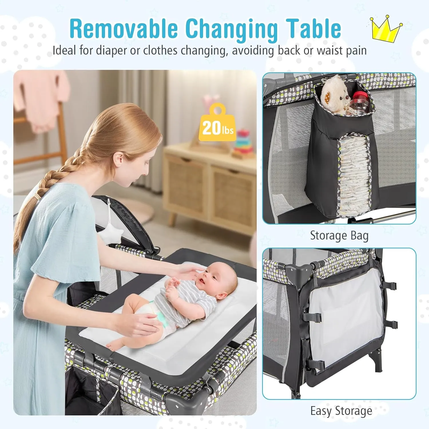 BABY JOY 4 in 1 Pack and Play, Portable Baby Playard with Bassinet, Adjustable Canopy, Changing Table, Lockable Wheels, Glowing Music Box, Travel Baby Crib Bassinet Bed from Newborn to Toddler