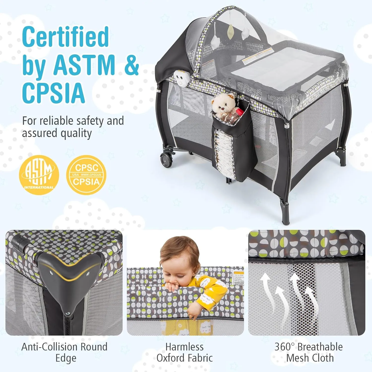 BABY JOY 4 in 1 Pack and Play, Portable Baby Playard with Bassinet, Adjustable Canopy, Changing Table, Lockable Wheels, Glowing Music Box, Travel Baby Crib Bassinet Bed from Newborn to Toddler
