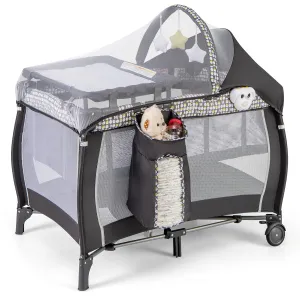 BABY JOY 4 in 1 Pack and Play, Portable Baby Playard with Bassinet, Adjustable Canopy, Changing Table, Lockable Wheels, Glowing Music Box, Travel Baby Crib Bassinet Bed from Newborn to Toddler