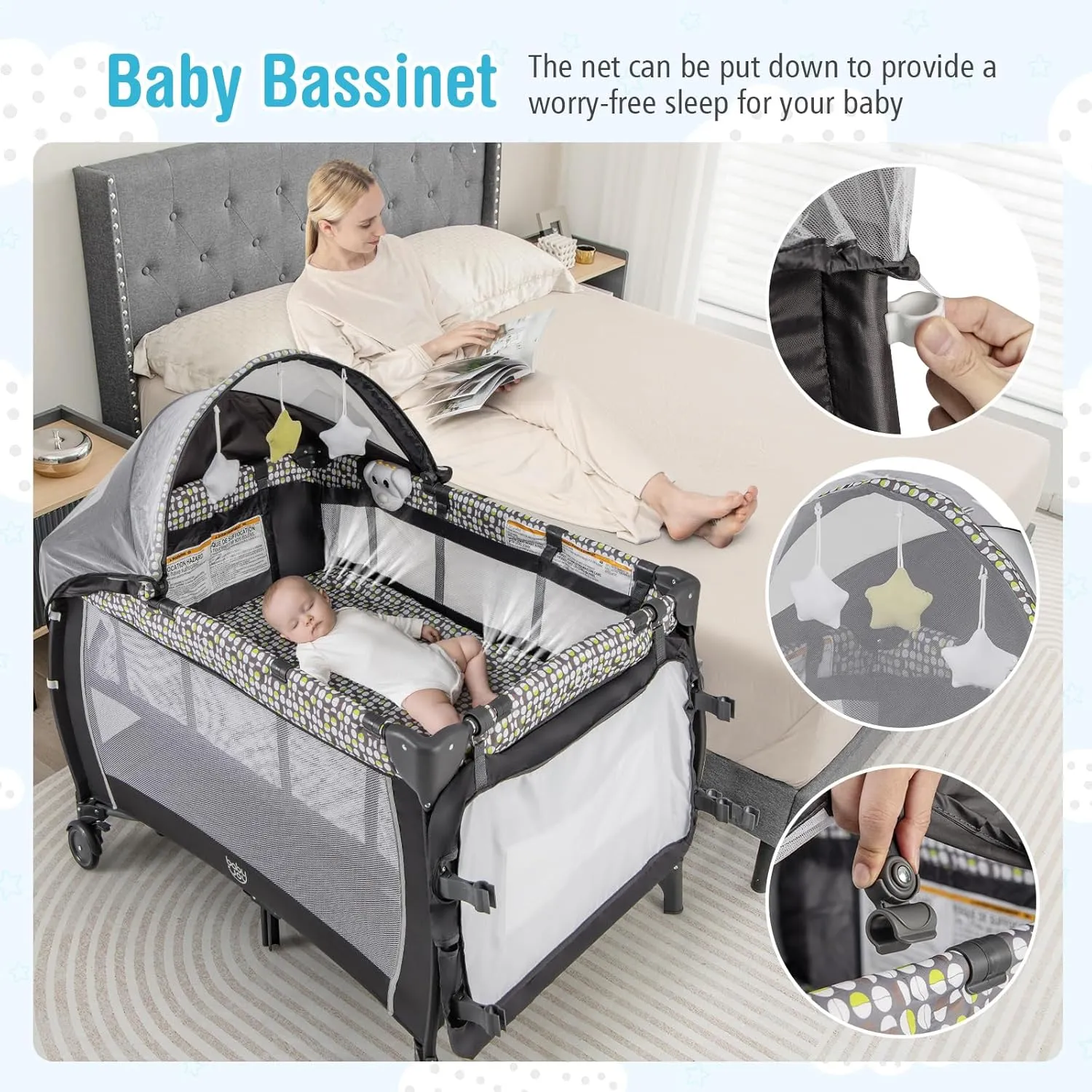 BABY JOY 4 in 1 Pack and Play, Portable Baby Playard with Bassinet, Adjustable Canopy, Changing Table, Lockable Wheels, Glowing Music Box, Travel Baby Crib Bassinet Bed from Newborn to Toddler