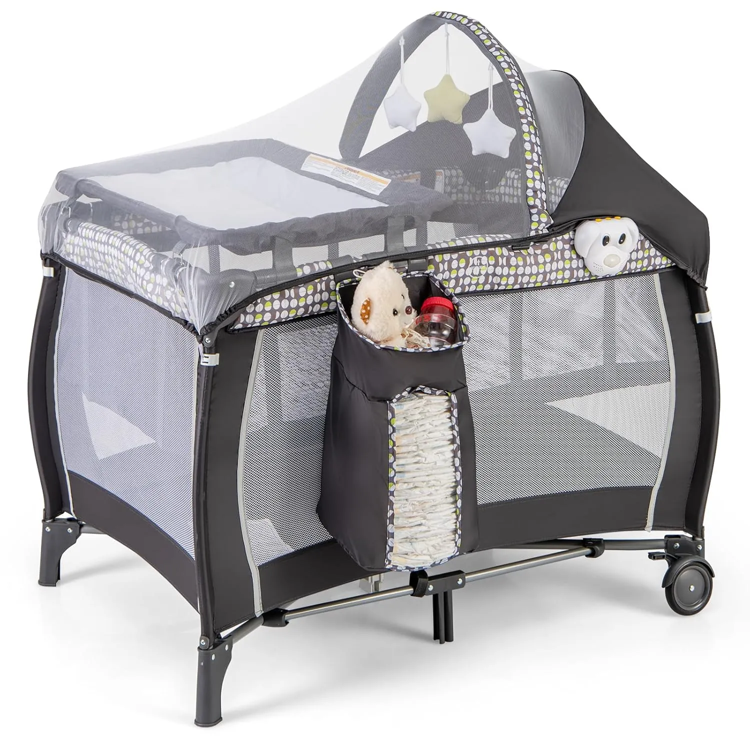 BABY JOY 4 in 1 Pack and Play, Portable Baby Playard with Bassinet, Adjustable Canopy, Changing Table, Lockable Wheels, Glowing Music Box, Travel Baby Crib Bassinet Bed from Newborn to Toddler