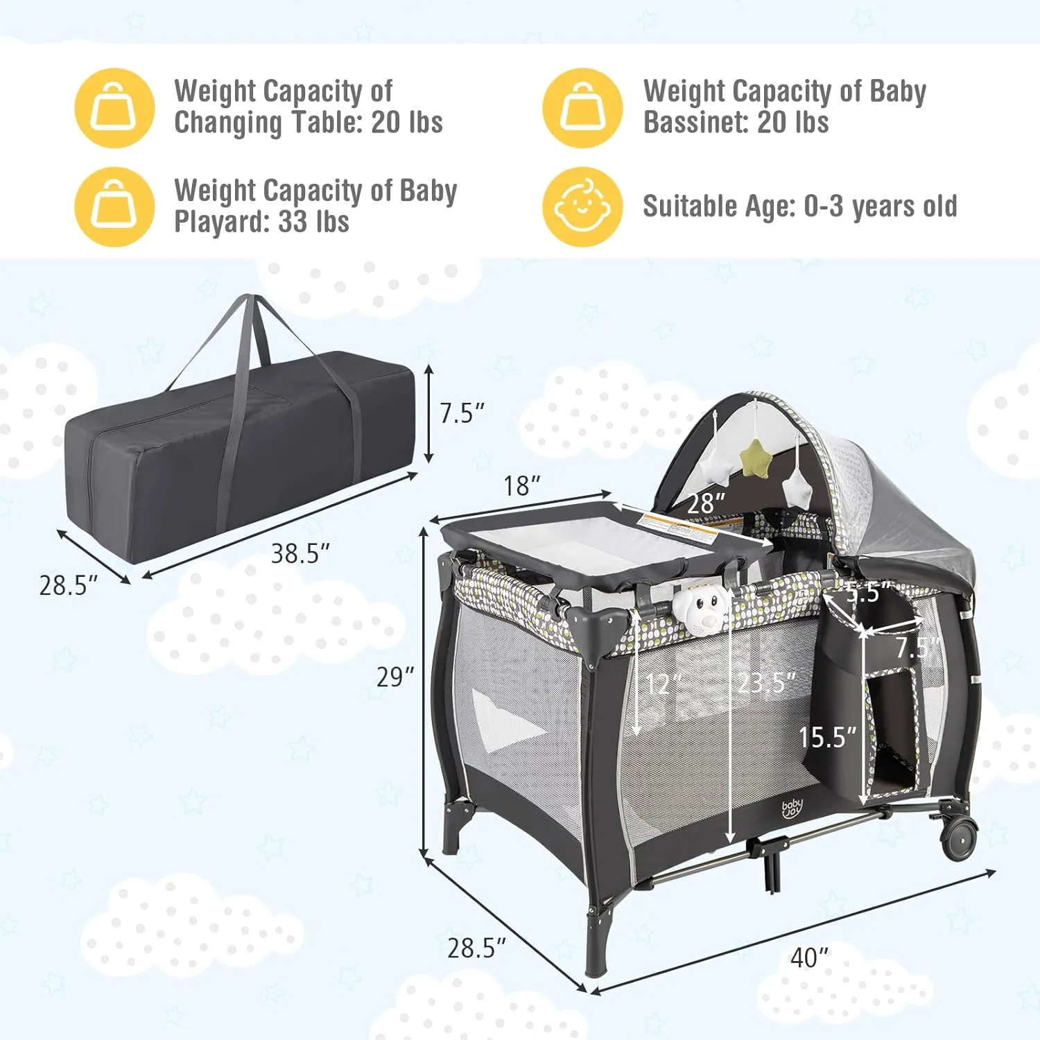 BABY JOY 4 in 1 Pack and Play, Portable Baby Playard with Bassinet, Adjustable Canopy, Changing Table, Lockable Wheels, Glowing Music Box, Travel Baby Crib Bassinet Bed from Newborn to Toddler