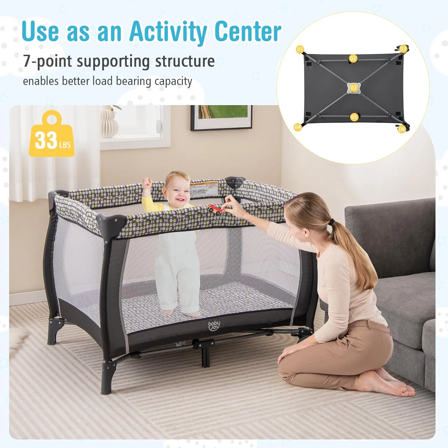 BABY JOY 4 in 1 Pack and Play, Portable Baby Playard with Bassinet, Adjustable Canopy, Changing Table, Lockable Wheels, Glowing Music Box, Travel Baby Crib Bassinet Bed from Newborn to Toddler