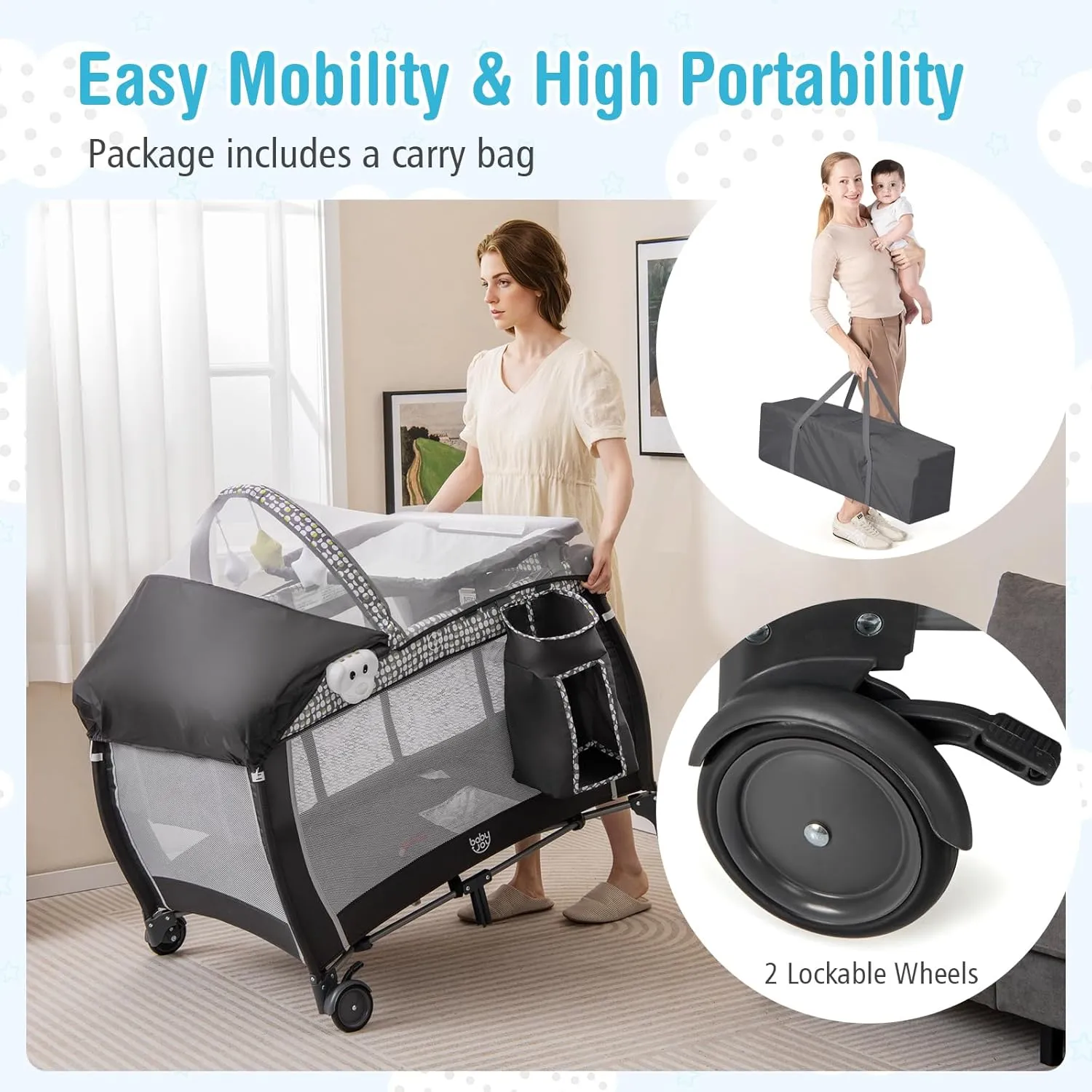 BABY JOY 4 in 1 Pack and Play, Portable Baby Playard with Bassinet, Adjustable Canopy, Changing Table, Lockable Wheels, Glowing Music Box, Travel Baby Crib Bassinet Bed from Newborn to Toddler