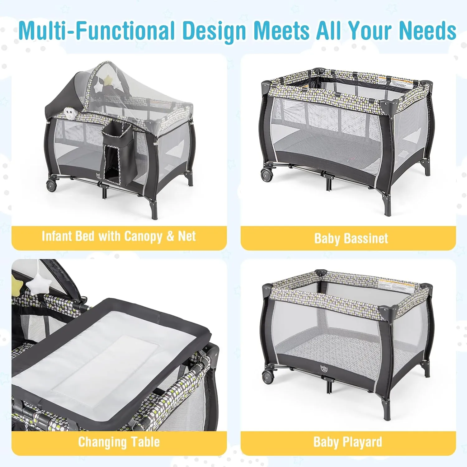 BABY JOY 4 in 1 Pack and Play, Portable Baby Playard with Bassinet, Adjustable Canopy, Changing Table, Lockable Wheels, Glowing Music Box, Travel Baby Crib Bassinet Bed from Newborn to Toddler