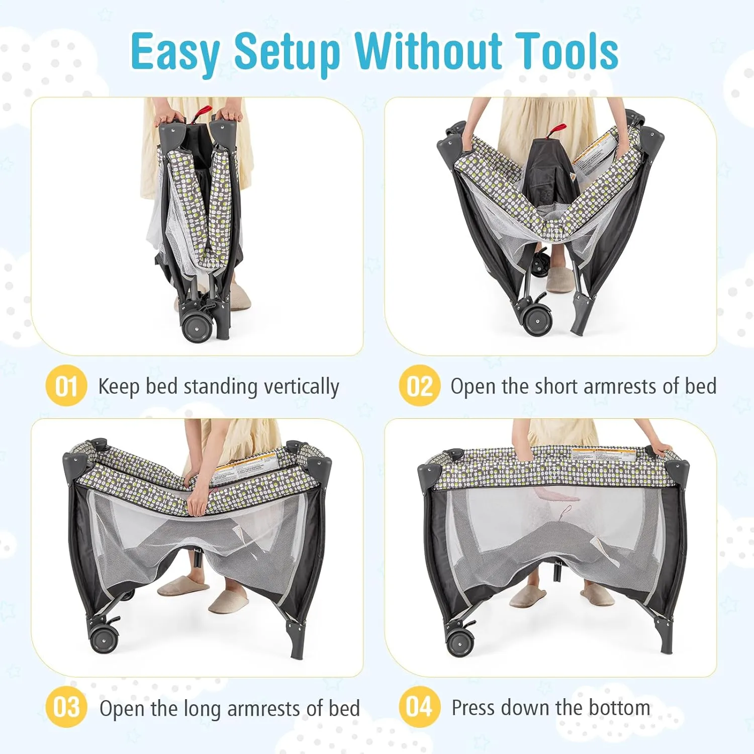 BABY JOY 4 in 1 Pack and Play, Portable Baby Playard with Bassinet, Adjustable Canopy, Changing Table, Lockable Wheels, Glowing Music Box, Travel Baby Crib Bassinet Bed from Newborn to Toddler
