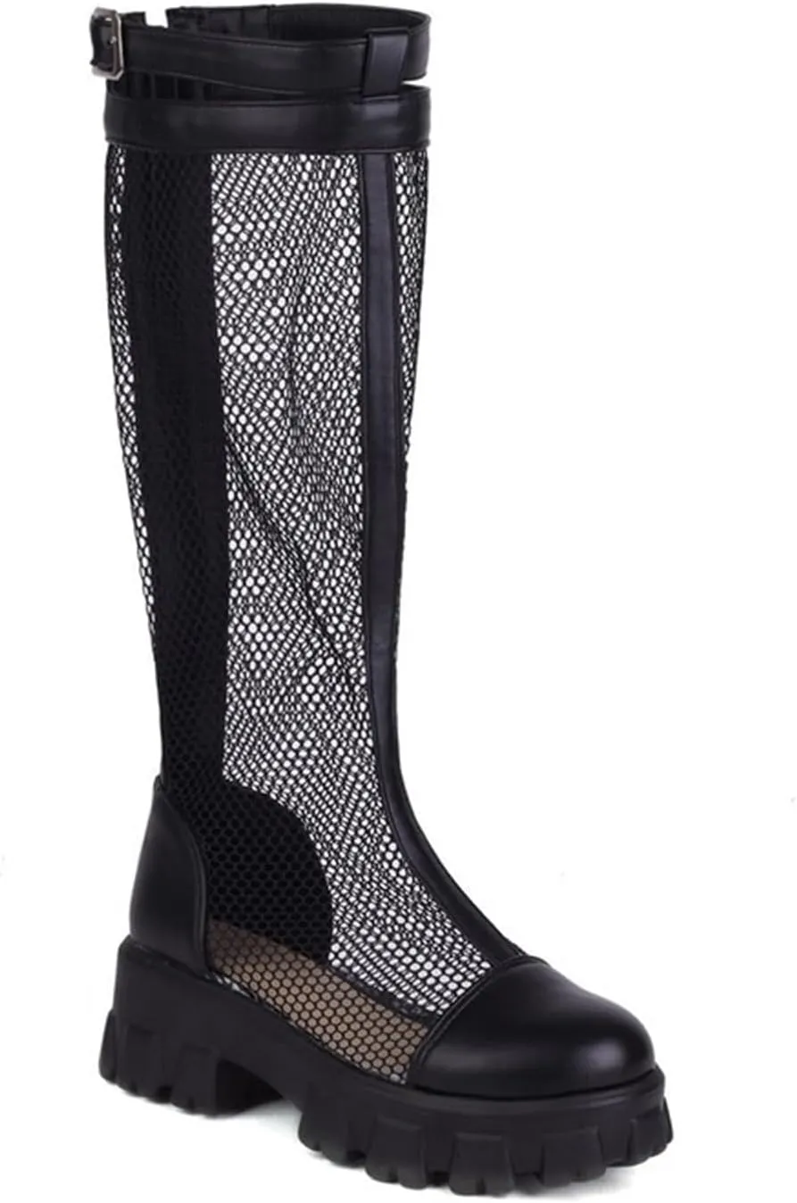 bbruriy Womens Summer mesh Platform Knee High Boots Chunky High Heel Round Toe Back Zip Punk Motorcycles Goth Combat Boots Comfort Casual Flat Shoes