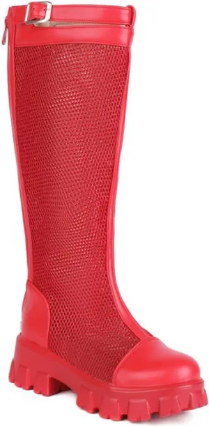bbruriy Womens Summer mesh Platform Knee High Boots Chunky High Heel Round Toe Back Zip Punk Motorcycles Goth Combat Boots Comfort Casual Flat Shoes