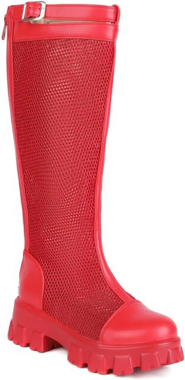 bbruriy Womens Summer mesh Platform Knee High Boots Chunky High Heel Round Toe Back Zip Punk Motorcycles Goth Combat Boots Comfort Casual Flat Shoes