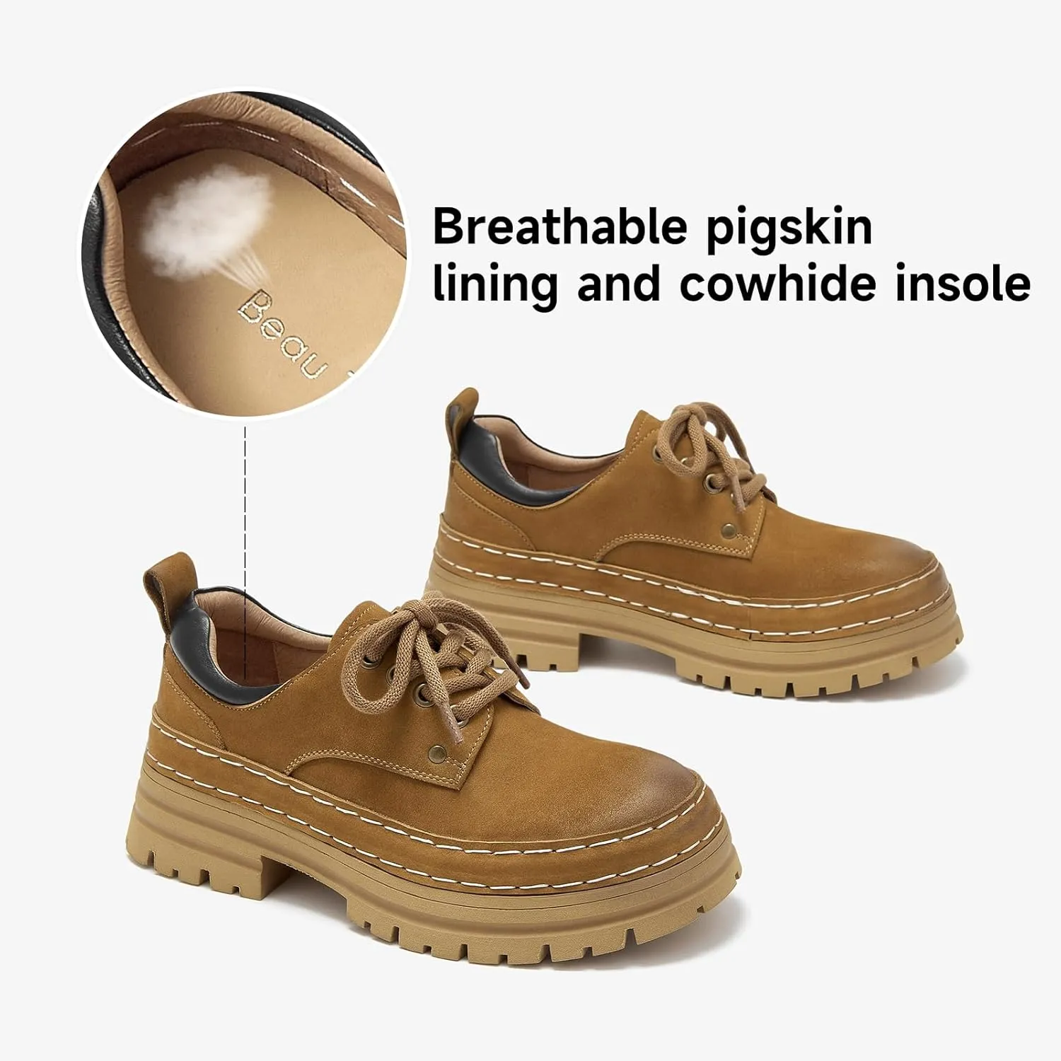 BEAU TODAY Womens Chunky Oxfords, Platform Oxfords for Women, Leather Oxford Shoes for Women, Casual Comfortable Working Hiking Shoes