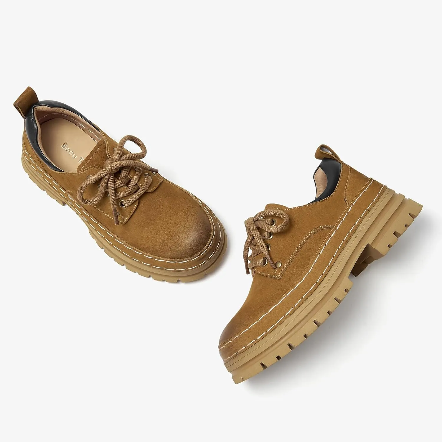 BEAU TODAY Womens Chunky Oxfords, Platform Oxfords for Women, Leather Oxford Shoes for Women, Casual Comfortable Working Hiking Shoes