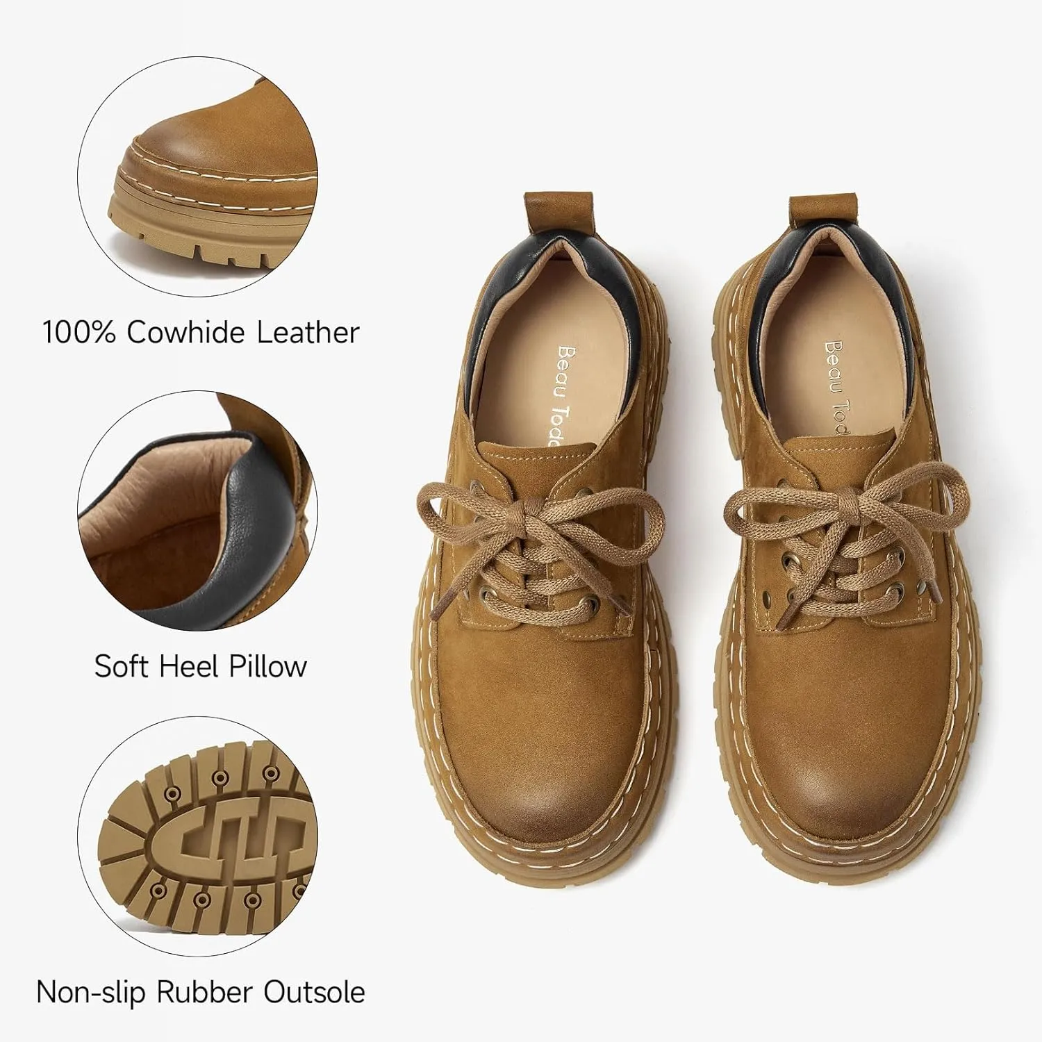 BEAU TODAY Womens Chunky Oxfords, Platform Oxfords for Women, Leather Oxford Shoes for Women, Casual Comfortable Working Hiking Shoes